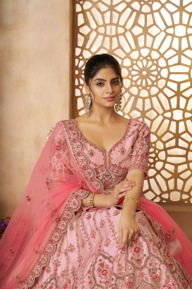Kesar Fab Pink Silk Embroidered Lehenga | Grocsy