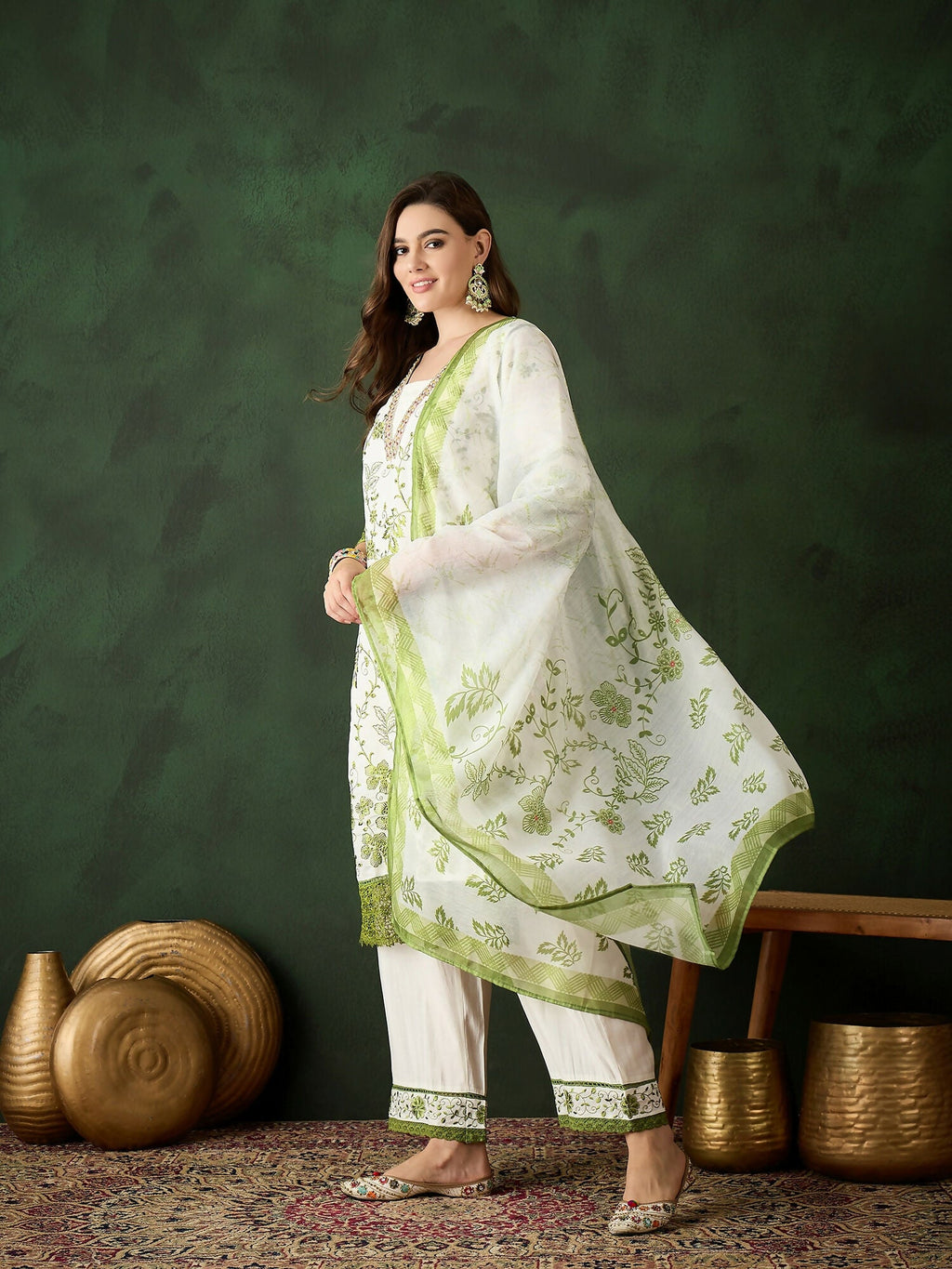 Green & White Roman Silk Embroidered Kurta With Trouser & Dupatta - Bhumi | Grocsy