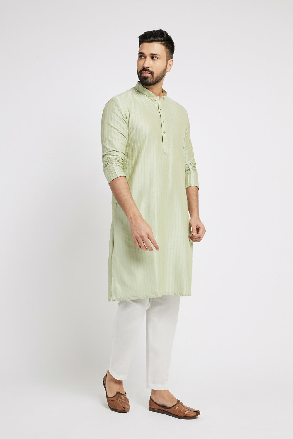 Ethnic India Green Men's Kurta Striped Polyester | Grocsy