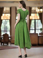 Souchii Green Printed Midi Dress – Flowy Fit & Flare | Grocsy