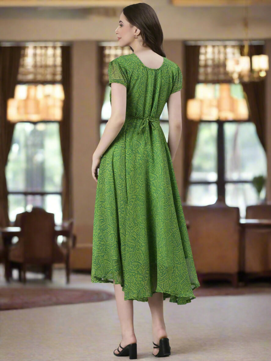 Souchii Green Printed Midi Dress – Flowy Fit & Flare | Grocsy