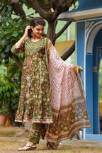 Yufta Women Green Printed Kurta With Trouser & Dupatta | Grocsy