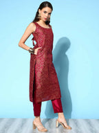 Ahalyaa Women's Wine Poly Silk Gold Paste Printed Kurta Pant Set | Grocsy