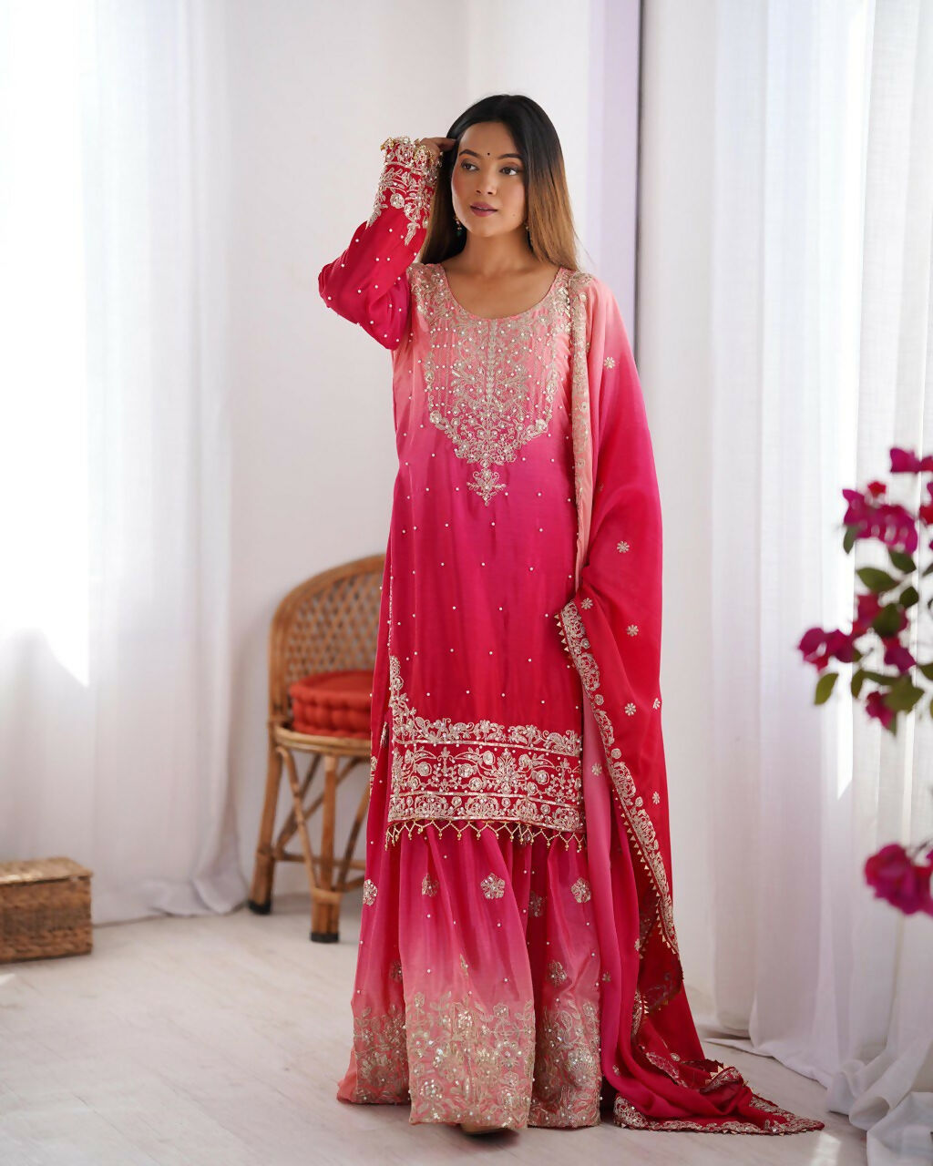 The52 Women's Beautiful Chinon silk Fabric Embroidery Work Straight Kurta Palazzo and Dupatta Set | Grocsy