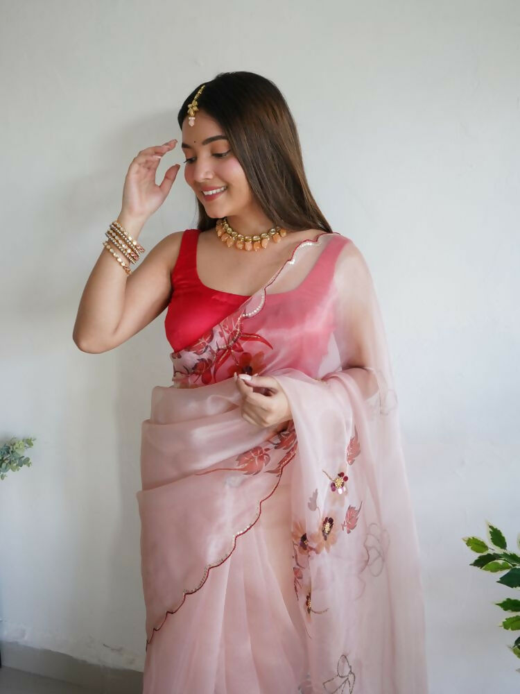 Vamsee Mudra Peach Organza Saree | Grocsy
