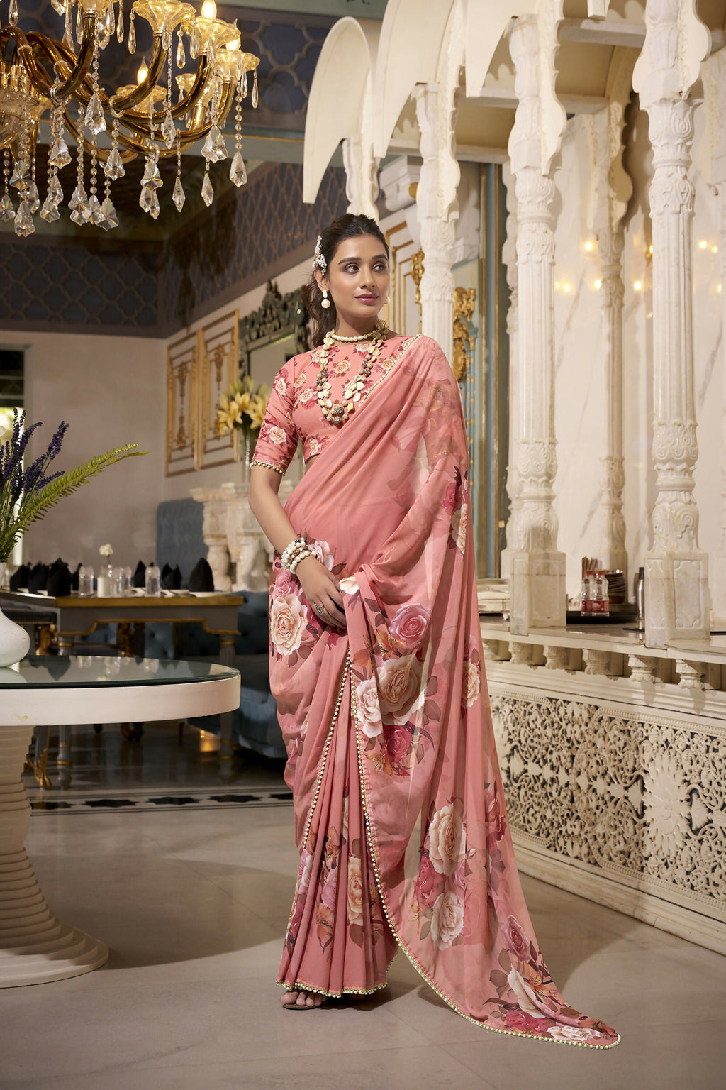 Vastranavya Orange Spectacular Georgette Printed with Pearl Lace Saree with Unstitched Blouse | Grocsy
