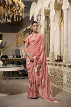 Vastranavya Orange Spectacular Georgette Printed with Pearl Lace Saree with Unstitched Blouse | Grocsy