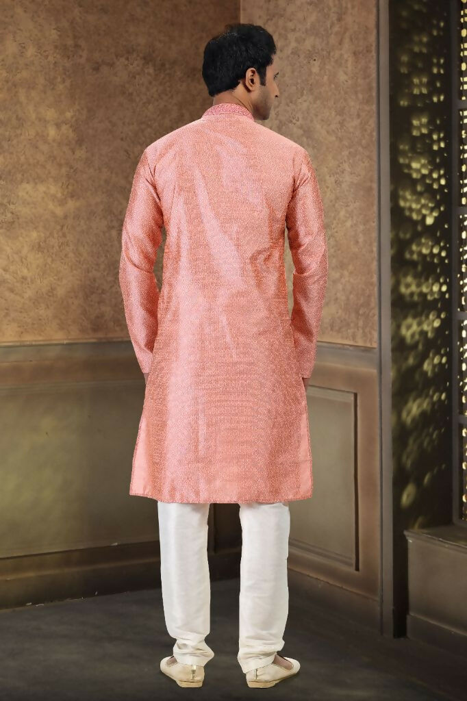 Raivat Ethnic Jacquard Banarasi Silk Thread Work Kurta Pajama In Dark Pink Colour | Grocsy