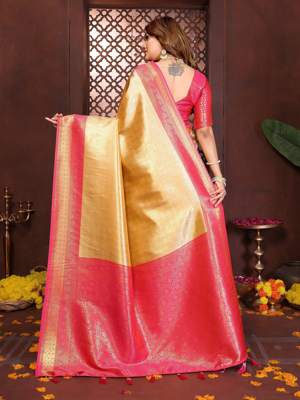 Aastha Fashion Cream Tissue Silk Woven Saree | Grocsy