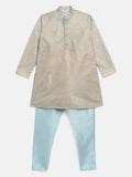 Ahalyaa Powder Blue Poly Silk Gold Print Kids Kurta Churidar Set For Boys | Grocsy
