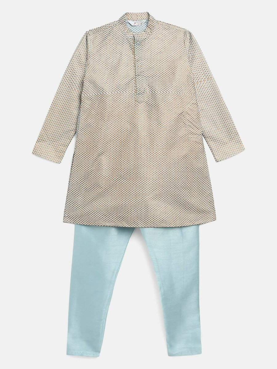 Ahalyaa Powder Blue Poly Silk Gold Print Kids Kurta Churidar Set For Boys | Grocsy
