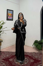 Teeya Creation Black Color Chinon Silk Wedding Wear Ready To Wear Saree With Koti | Grocsy