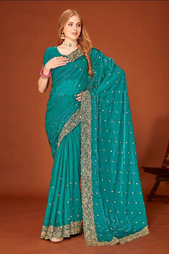 PR Fashion Morpeach Fendi Two Tone Silk Heavy Zari Embroidery Work With Heavy Siroski Work Saree | Grocsy
