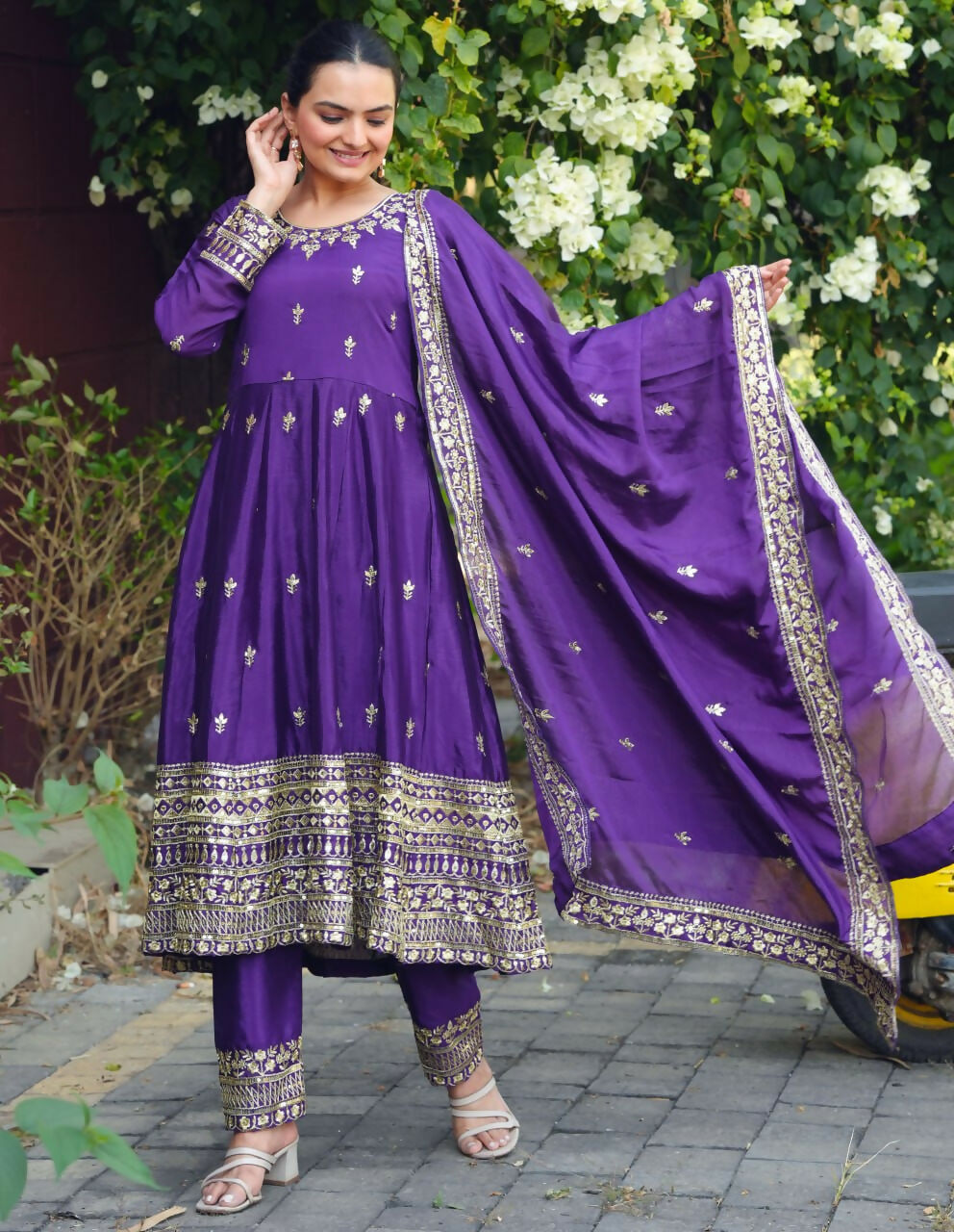 Teeya Creation Purple Color Chinon Silk Embroidery Work Long Gown | Grocsy
