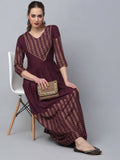 Rudra Bazaar Gold Printed A-Line Flared Brown Kurti | Grocsy