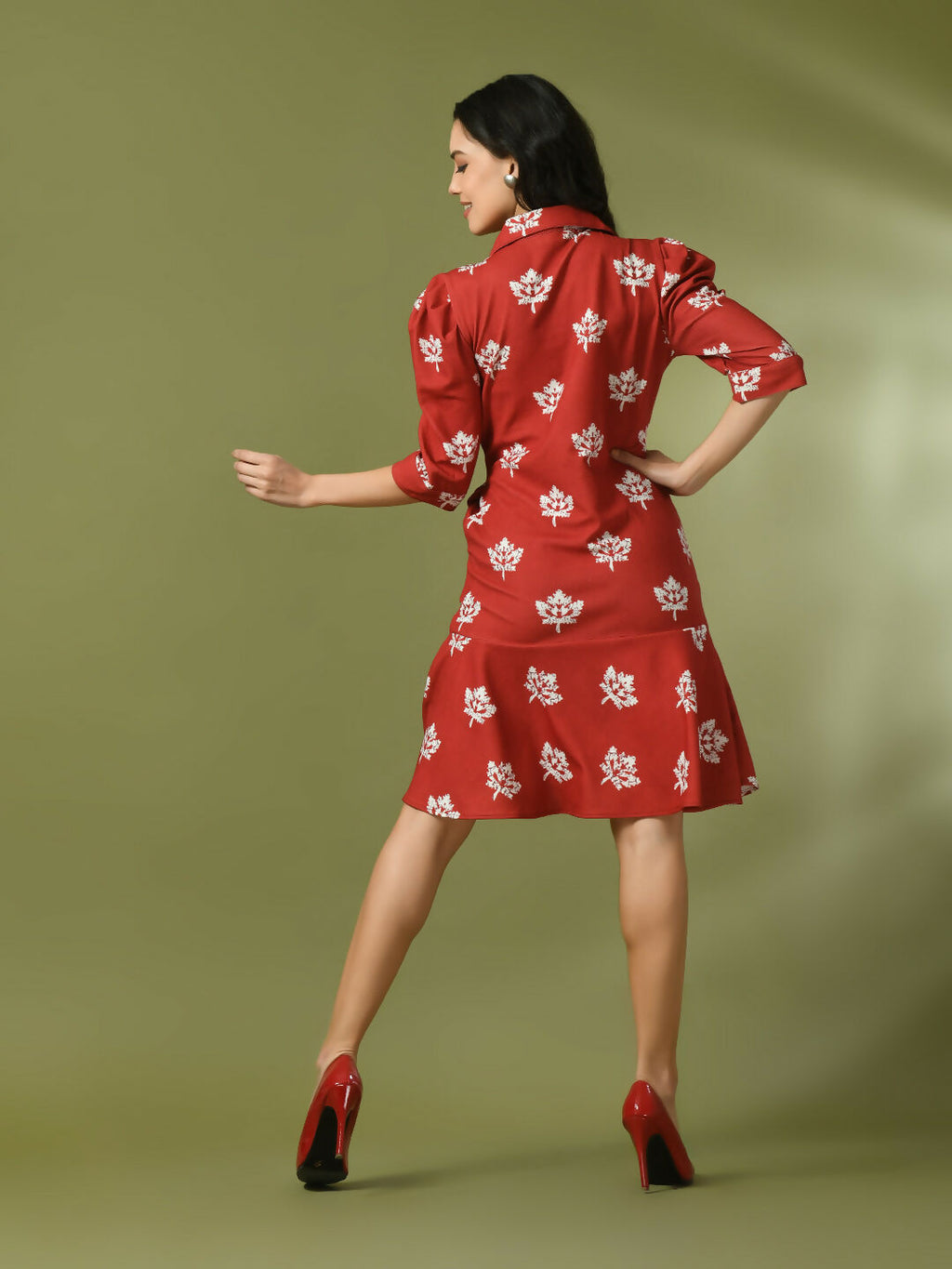 Myshka Women's Rust Printed Shirt Collar Fit and Flare Party Dress | Grocsy
