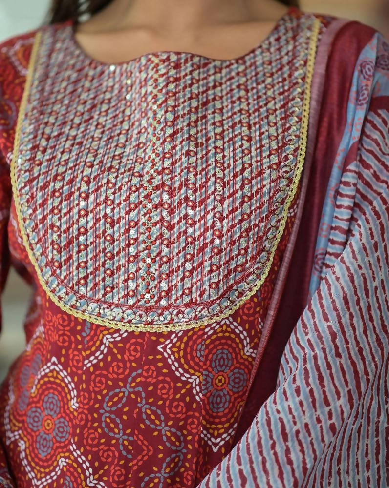 Yufta Women Red Handblock Printed A-Line Kurta & Trouser With Embroidery & Dupatta | Grocsy