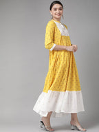 Yufta Women Yellow & White Cotton Embellished Ethnic Motifs Print Tiered Maxi Dress | Grocsy