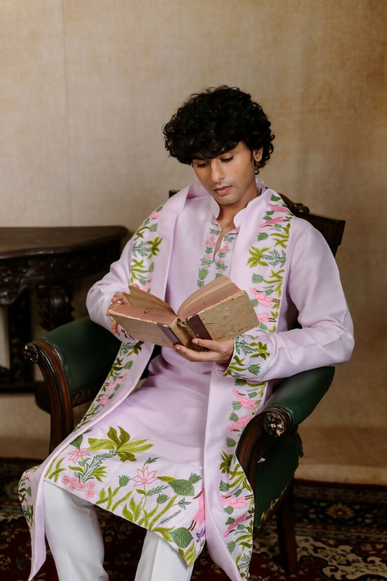 Falling Raw Silk Lavinder Taruni Hamsa Kurta Set By Hilo Design | Grocsy