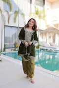 Teeya Creation Womens New Green Velvet With Rich Zari Coding Embroidered Work Kurta Pant Set | Grocsy