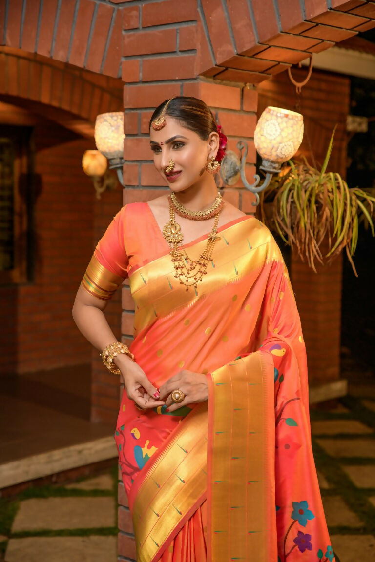 Jyoti Fashion Women's Orange Paithani Silk Zari Woven Saree with Blouse | Grocsy