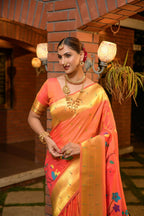 Jyoti Fashion Women's Orange Paithani Silk Zari Woven Saree with Blouse | Grocsy