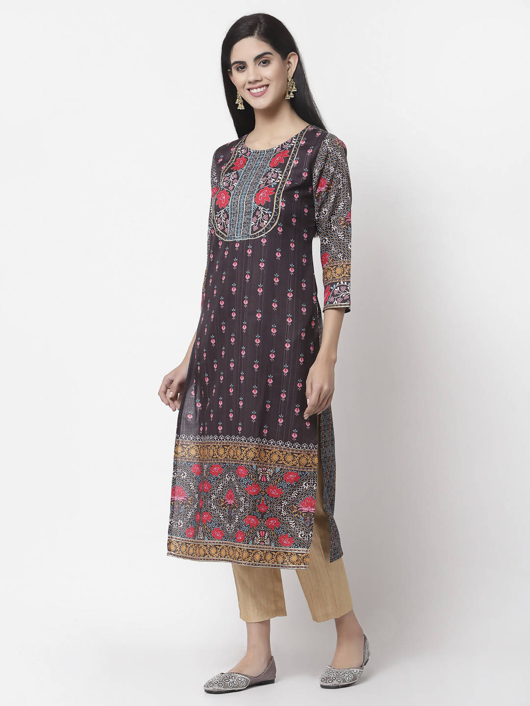 Myshka Women Multicolor Cotton Blend Printed 3/4 Sleeve Round Neck Kurta | Grocsy