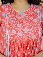 Aramya Pink Kantha Cotton Floral Panelled Kurta for Women | Grocsy