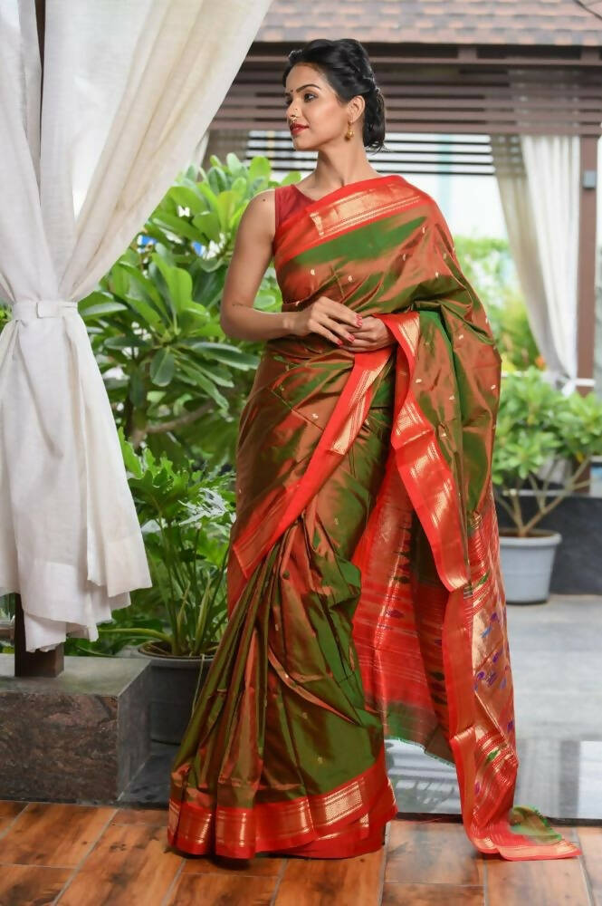 Very Much Indian Pure Silk Yeola Handloom Green Red Dual Tone - Paithani Saree With Traditional Double Pallu | Grocsy