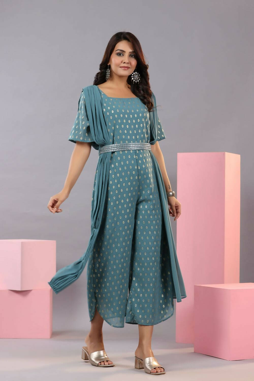 Juniper Women Teal Georgette Foil Printed Draped Jumpsuit | Grocsy