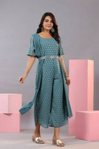 Juniper Women Teal Georgette Foil Printed Draped Jumpsuit | Grocsy