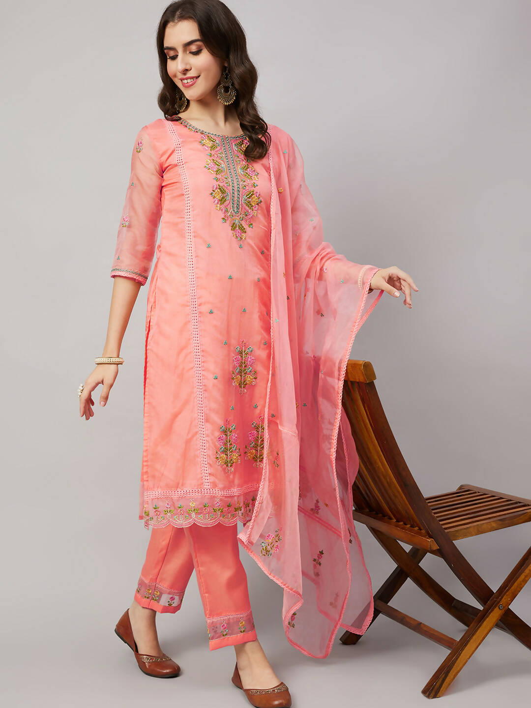 Peach Organza Embroidered Kurta with Bottom & Dupatta - Salimar | Grocsy