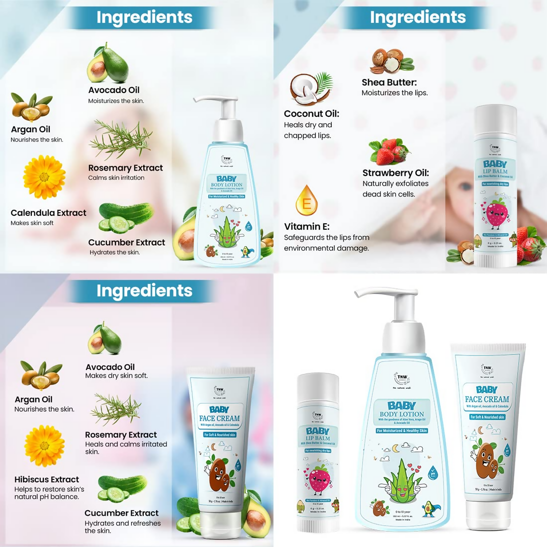 The Natural Wash Baby Lip Balm, Baby Face Cream & Baby Body Lotion For Soft Lips And Skin Combo | Grocsy