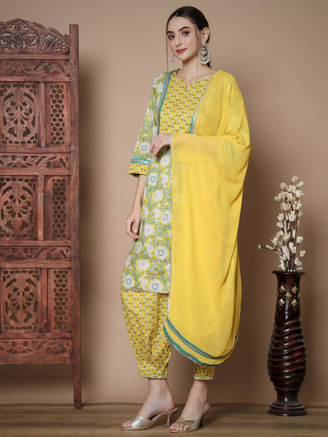 Myshka Women's Yellow A-Line Kurta & Salwar With Dupatta | Grocsy