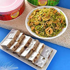 Sea Blue Embellished Rakhi & Kaju Anjeer Barfi Hamper | Grocsy