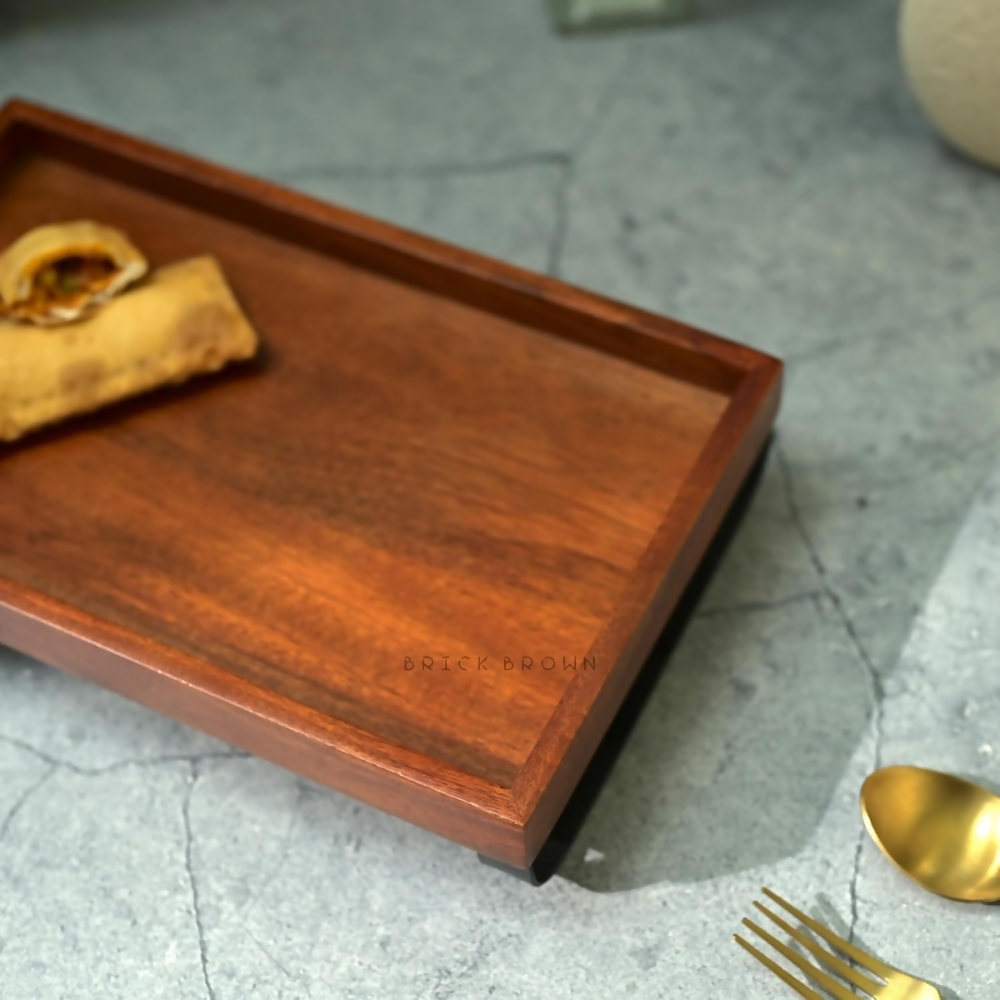 Brick Brown Premium Wooden Serving Tray/Platter with Black Metal Stand | Grocsy