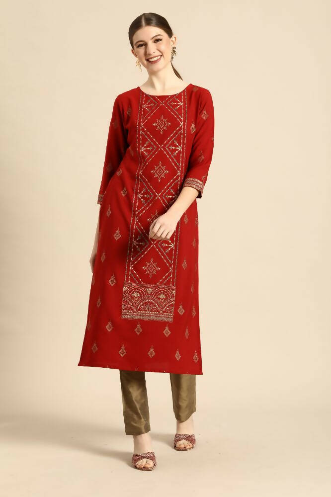 Janasya Women's Rust Crepe Ethnic Motifs Casual Straight Kurta | Grocsy