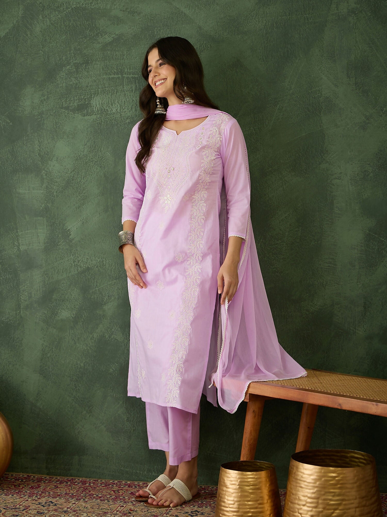 The52 Purple Women's Gorgeous Cotton Blend Fabric Thread Work Straight Kurta, Pant and Dupatta Set | Grocsy