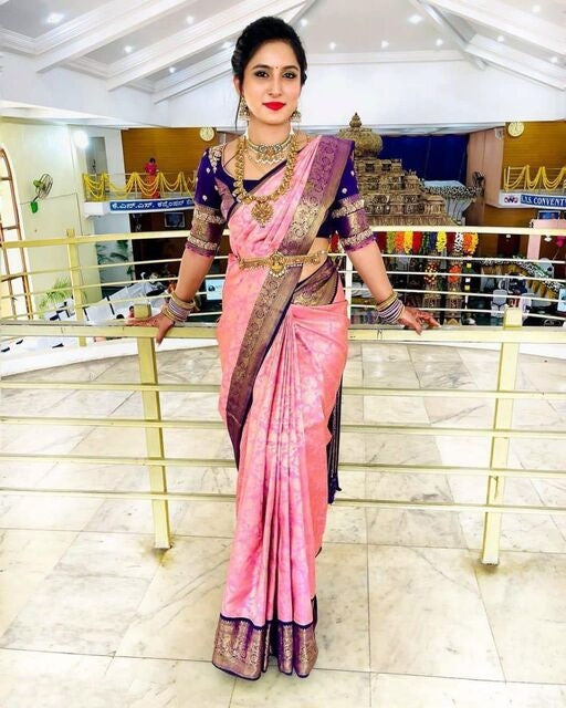 Vamika Weaving Banarasi Jacquard Pink Kanjivaram Saree | Grocsy