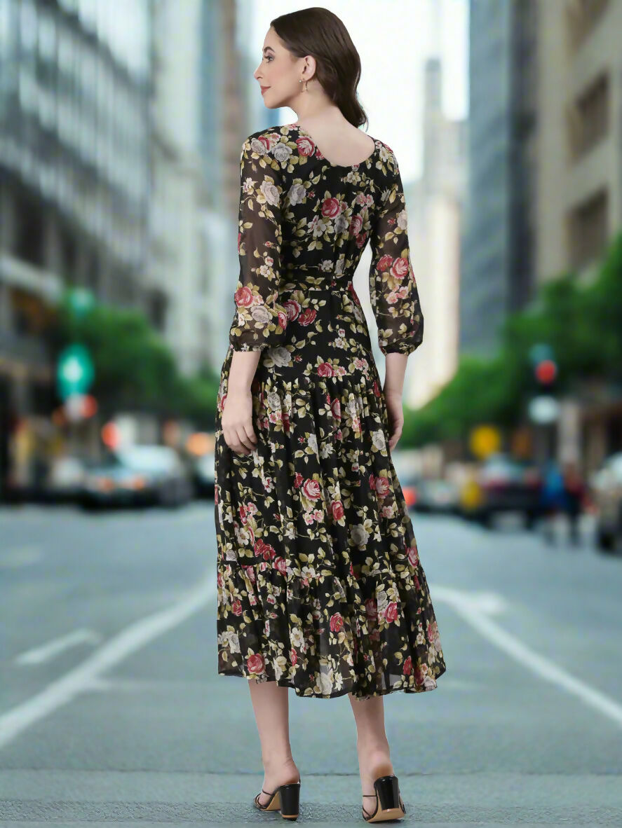 Souchii Black Floral Chiffon Dress | Grocsy