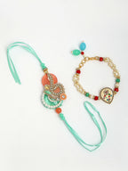 NVR Women & Men Set of 2 Multicolor Stone-Studded & Beaded Bhaiya Bhabhi Rakhi With Roli Chawal & Chocolate | Grocsy