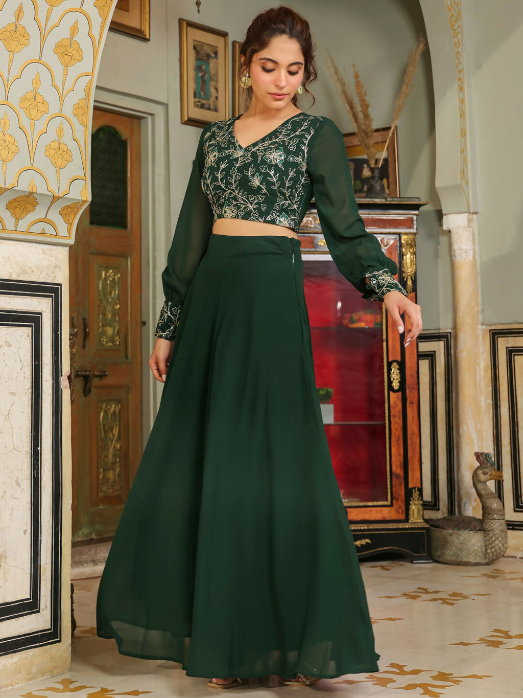 Janasya Dark Green Georgette Embroidered Top & Skirt | Grocsy