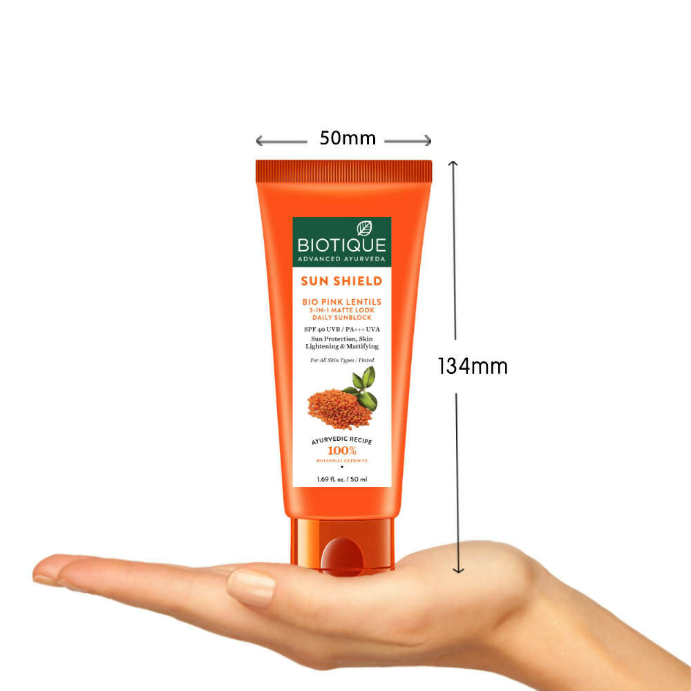Biotique Bio Pink Lentils 3 In 1 Matte Look Sun Shield SPF 40 | Grocsy