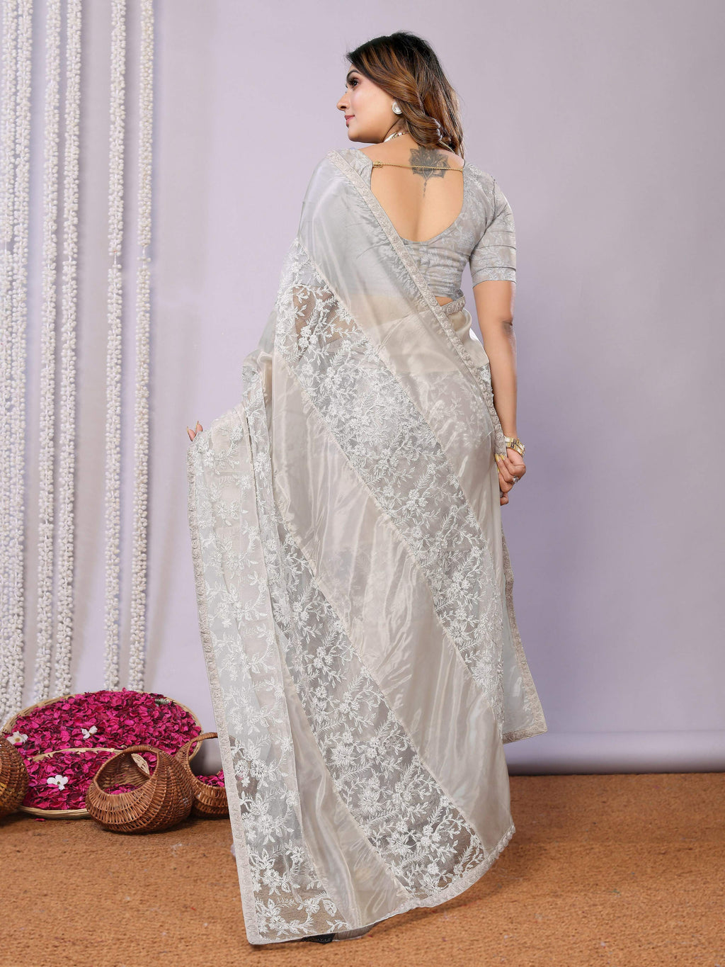 Grey Glass Tissue,Net Embroidered Saree With Stitched Blouse - Nimaya Kaksha | Grocsy