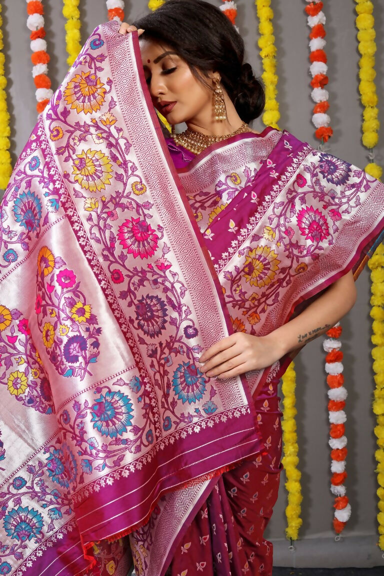Jyoti Fashion Women's Magenta Banarasi Silk Zari Woven Saree with Blouse | Grocsy