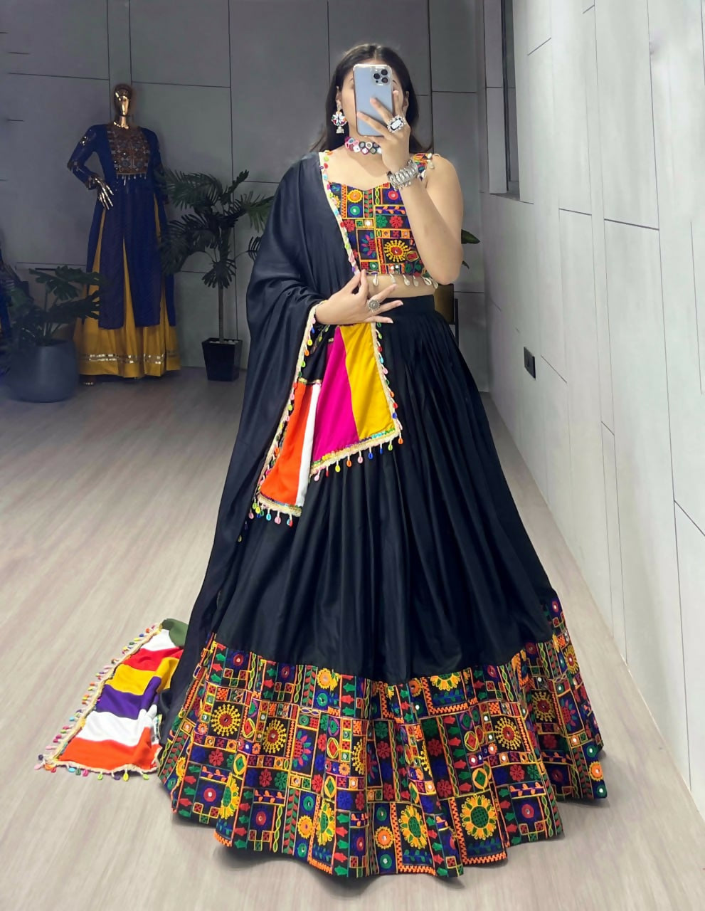 Yash Enterprise Black Rayon Cotton Embroidery Semi Stitched Navratri Chaniya Choli | Grocsy