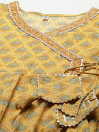 Yufta Women Yellow Floral Print Angrakha Pure Cotton Kurta and Trouser With Dupatta | Grocsy