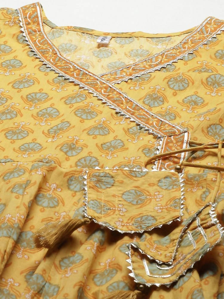 Yufta Women Yellow Floral Print Angrakha Pure Cotton Kurta and Trouser With Dupatta | Grocsy