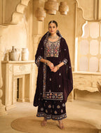 Anaita Maroon Embroidered Velvet Stitched Plazo Suit | Grocsy