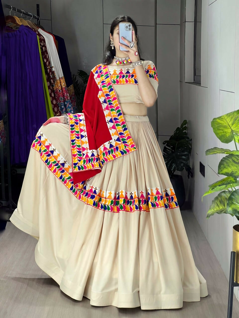 Yash Enterprise Cream Rayon Cotton Embroidery Semi Stitched Navratri Top Chaniya Choli | Grocsy